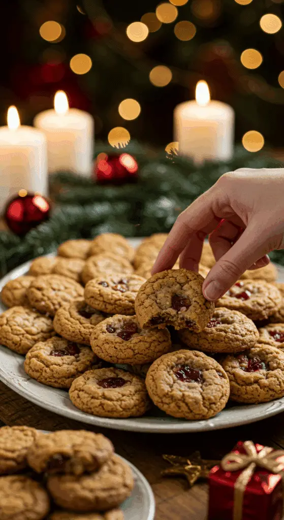 The impressive, homemade platter of beautiful and festive "Aunt Bert's" Fruitcake Cookies being served as the centerpiece on a cookie platter at a sophisticated Christmas party.