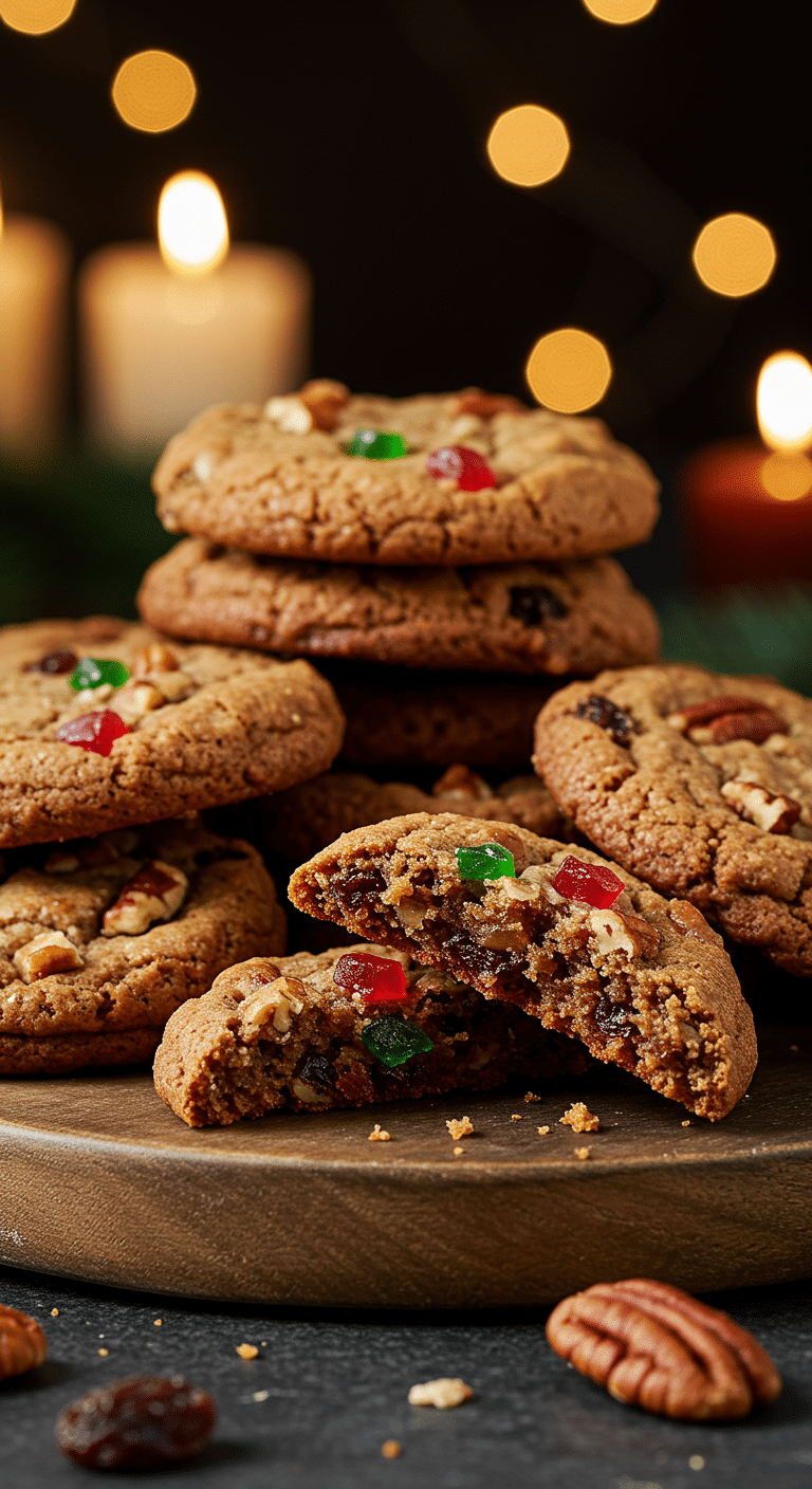 A beautiful, rustic platter of homemade, festive, and chewy "Aunt Bert's" Fruitcake Cookies, with one broken in half to show the moist, fruit-and-nut-packed interior.