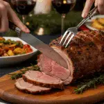 The whole, homemade, impressive, and crusted Roasted Leg of Lamb being carved as the centerpiece at a fun and sophisticated Christmas party.