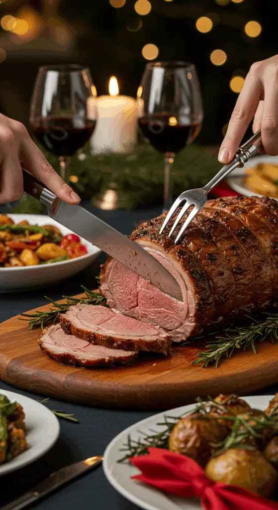 The whole, homemade, impressive, and crusted Roasted Leg of Lamb being carved as the centerpiece at a fun and sophisticated Christmas party.