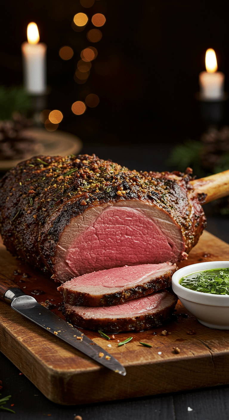 A beautiful, rustic cutting board with a homemade, juicy, and impressive Holiday Roasted Leg of Lamb, with a crispy, dark herb crust and a perfect, rosy-pink, medium-rare interior.