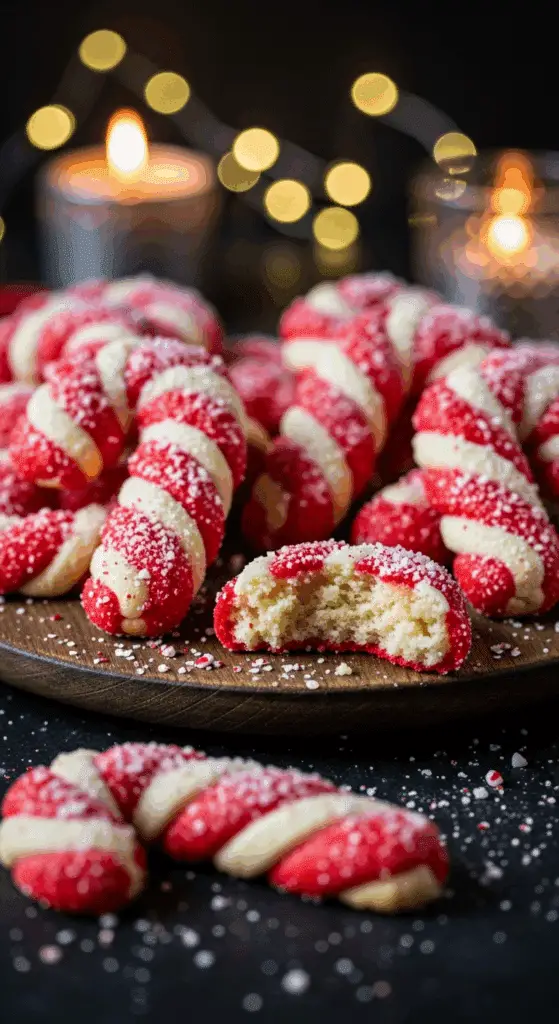 A beautiful, rustic platter of homemade, festive, and buttery "Grandma's" Candy Cane Cookies, with one broken in half to show the tender, crumbly interior and the red-and-white swirl.
