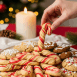 The impressive, homemade platter of beautiful and festive "Grandma's" Candy Cane Cookies being served as the centerpiece on a cookie platter at a sophisticated Christmas party.
