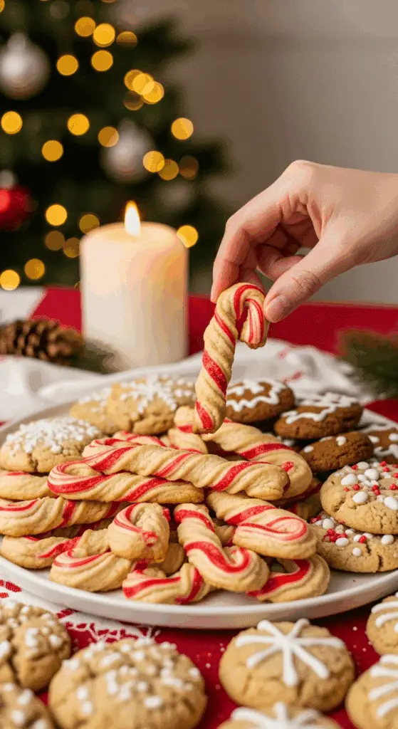 The impressive, homemade platter of beautiful and festive "Grandma's" Candy Cane Cookies being served as the centerpiece on a cookie platter at a sophisticated Christmas party.
