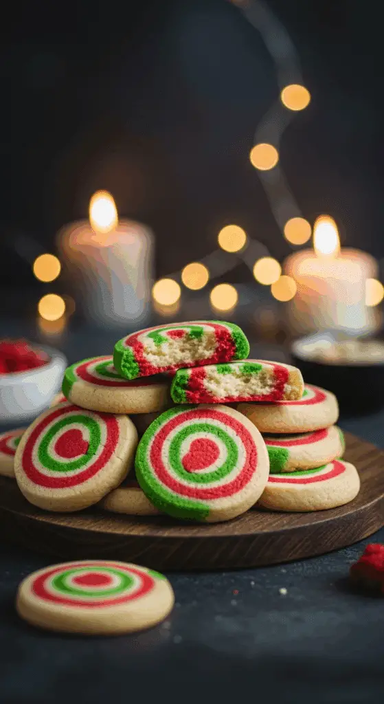 A beautiful, rustic platter of homemade, festive, and buttery "Grandma's" Christmas Pinwheel Cookies, with one broken in half to show the tender, crumbly interior.