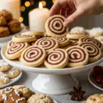 The impressive, homemade platter of beautiful and festive "Grandma's" Pinwheel Cookies being served as the centerpiece on a cookie platter at a sophisticated Christmas party.