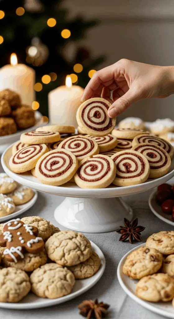 The impressive, homemade platter of beautiful and festive "Grandma's" Pinwheel Cookies being served as the centerpiece on a cookie platter at a sophisticated Christmas party.