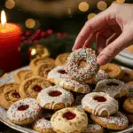 The impressive, homemade platter of beautiful and festive "Grandma's" Italian Cookies being served as the centerpiece on a cookie platter at a sophisticated Christmas party.