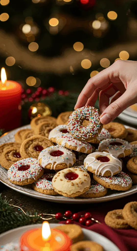 The impressive, homemade platter of beautiful and festive "Grandma's" Italian Cookies being served as the centerpiece on a cookie platter at a sophisticated Christmas party.