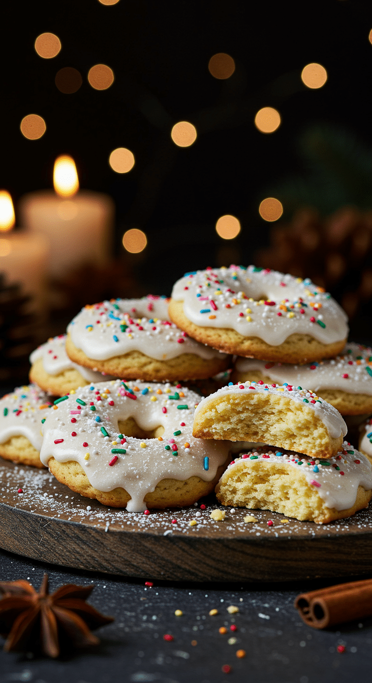A beautiful, rustic platter of homemade, festive, and glazed "Grandma's" Italian Loop Cookies, with one broken in half to show the tender, cake-like interior.