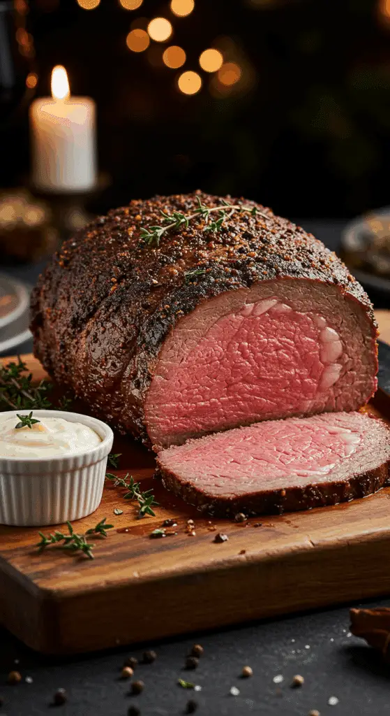 A beautiful, rustic cutting board with a homemade, juicy, and impressive Christmas Prime Rib, with a crispy, dark peppercorn crust and a perfect, rosy-pink, medium-rare interior.
