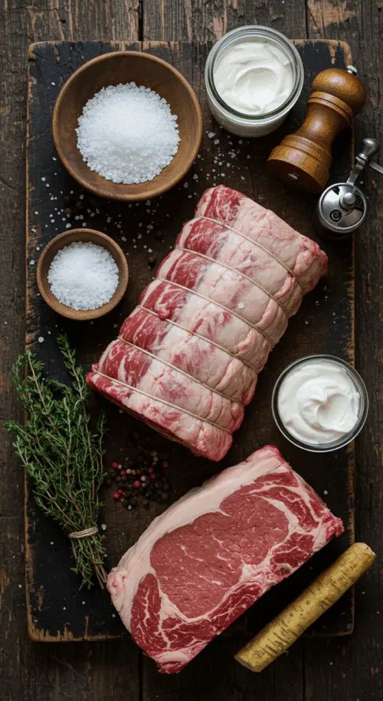 The simple, from-scratch ingredients for the classic and impressive Holiday Prime Rib with Horseradish Dipping Sauce.