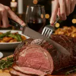 The whole, homemade, impressive, and crusted Prime Rib being carved as the centerpiece at a fun and sophisticated Christmas party.