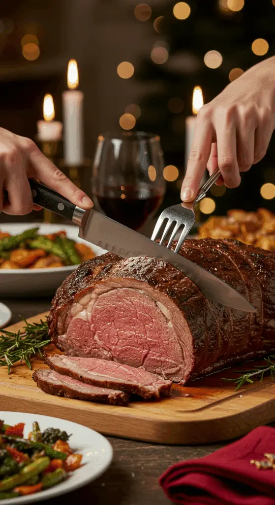 The whole, homemade, impressive, and crusted Prime Rib being carved as the centerpiece at a fun and sophisticated Christmas party.