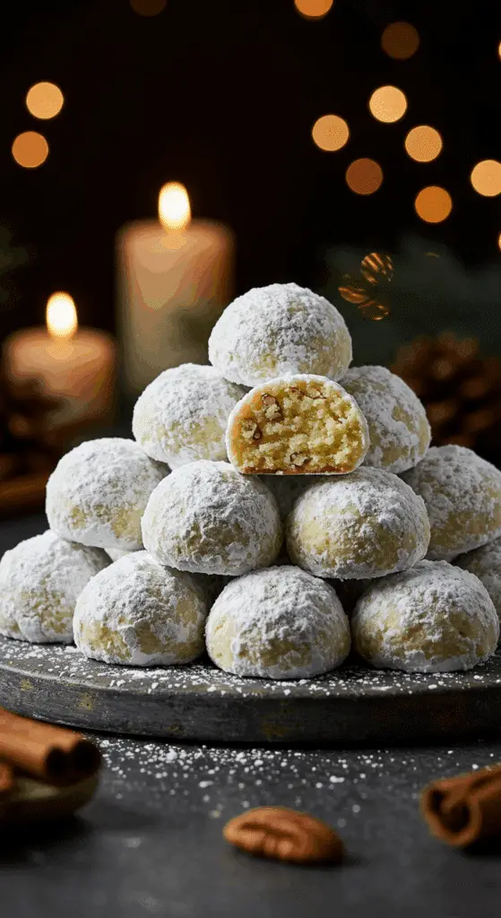 A beautiful, rustic platter of homemade, festive, and powdery Snowball Cookies, with one broken in half to show the tender, buttery, and pecan-studded interior.