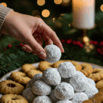 The impressive, homemade platter of powdery and festive Snowball Cookies being served as the centerpiece on a cookie platter at a sophisticated Christmas party.
