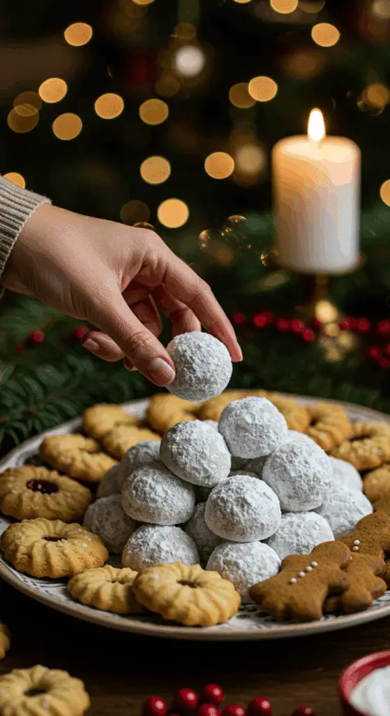 The impressive, homemade platter of powdery and festive Snowball Cookies being served as the centerpiece on a cookie platter at a sophisticated Christmas party.