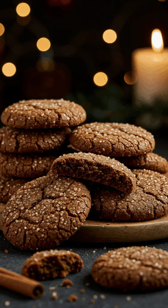 A beautiful, rustic platter of homemade, festive, and chewy "Crackle Top" Molasses Cookies, with one broken in half to show the tender, chewy, dark interior.