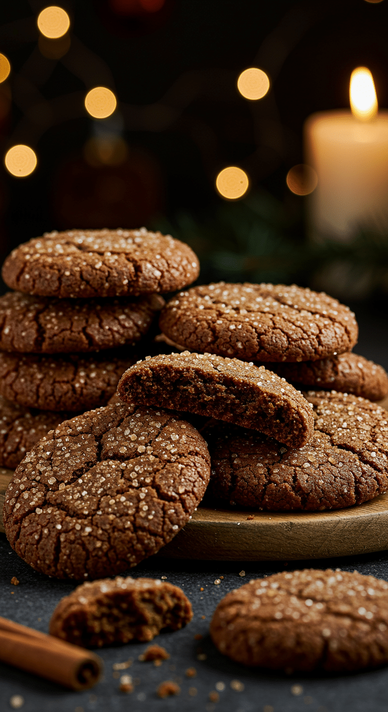 A beautiful, rustic platter of homemade, festive, and chewy "Crackle Top" Molasses Cookies, with one broken in half to show the tender, chewy, dark interior.