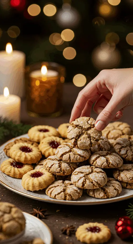 The impressive, homemade platter of beautiful and festive "Crackle Top" Molasses Cookies being served as the centerpiece on a cookie platter at a sophisticated Christmas party.