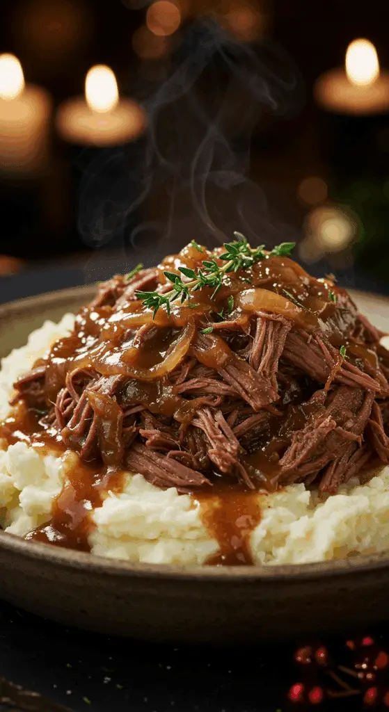 A beautiful, rustic serving bowl of homemade, easy, and tender "Famous" French Onion Pot Roast, with shredded beef and a dark, glossy onion gravy served over mashed potatoes.