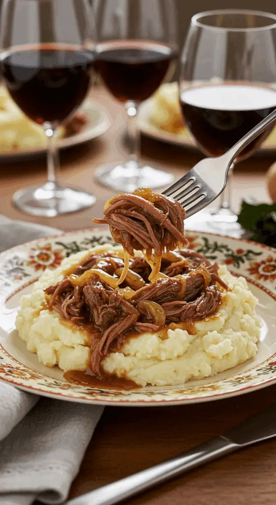 A beautiful plate of a homemade, elegant, and shredded French Onion Pot Roast, being served over creamy mashed potatoes at a Sunday dinner.