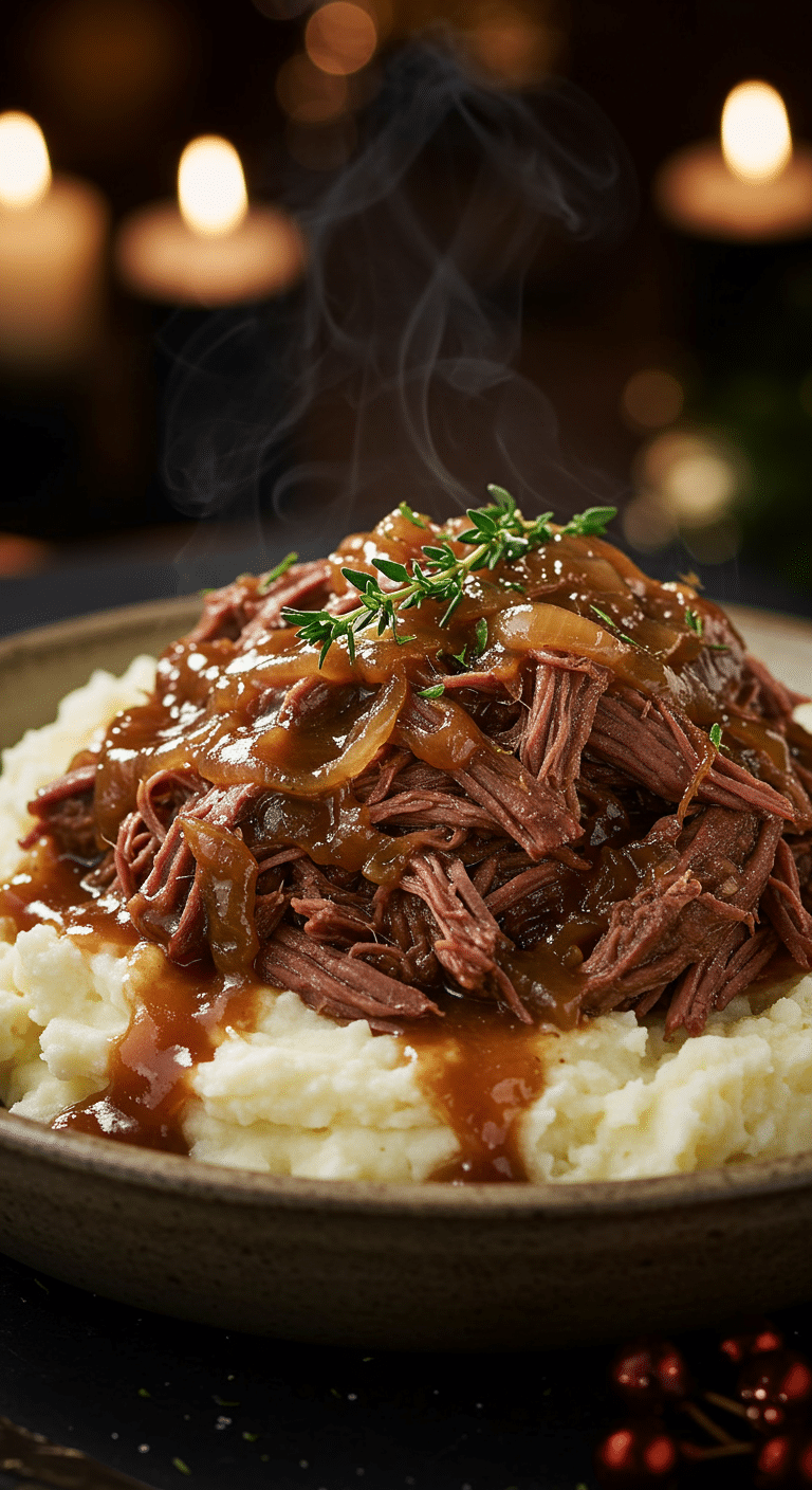 A beautiful, rustic serving bowl of homemade, easy, and tender "Famous" French Onion Pot Roast, with shredded beef and a dark, glossy onion gravy served over mashed potatoes.