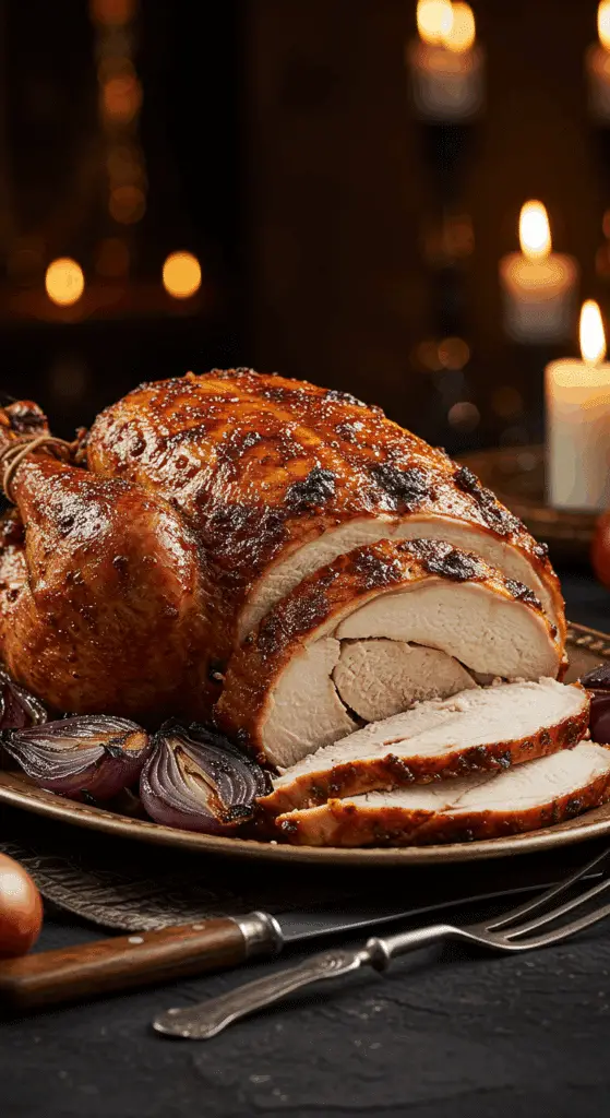 A beautiful, rustic platter with a homemade, juicy, and impressive Thanksgiving French Onion Turkey, with a crispy, dark onion crust and a few thick, moist slices carved from the breast.