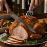 The whole, homemade, impressive, and golden-brown French Onion Turkey being carved as the centerpiece at a fun and sophisticated Thanksgiving party.