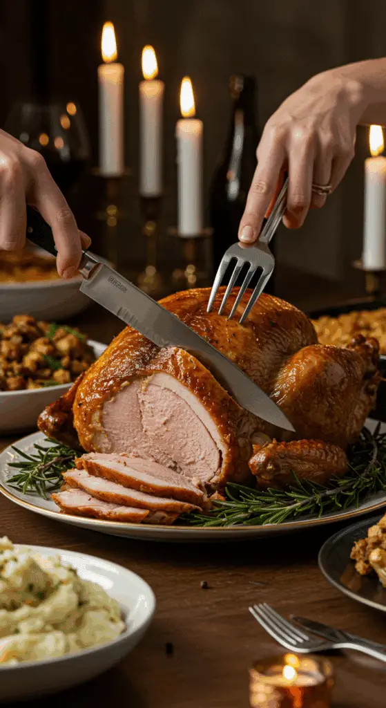 The whole, homemade, impressive, and golden-brown French Onion Turkey being carved as the centerpiece at a fun and sophisticated Thanksgiving party.