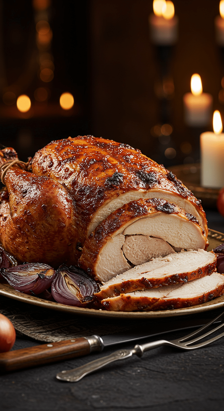 A beautiful, rustic platter with a homemade, juicy, and impressive Thanksgiving French Onion Turkey, with a crispy, dark onion crust and a few thick, moist slices carved from the breast.