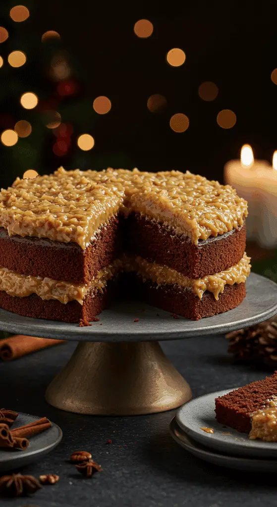 A beautiful, elegant cake stand with a homemade, festive, 3-layer "naked" German Chocolate Cake, with a light chocolate crumb and a gooey, coconut-pecan frosting