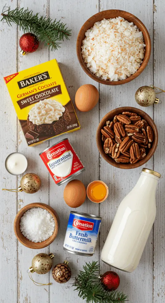 The simple, from-scratch ingredients for the classic and impressive Holiday German Chocolate Cake.