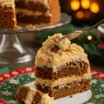 A beautiful plate with a homemade, festive, and layered slice of a German Chocolate Cake being served for a holiday dessert.