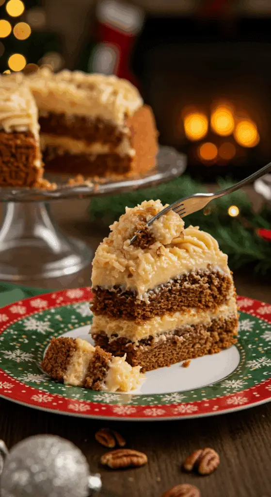 A beautiful plate with a homemade, festive, and layered slice of a German Chocolate Cake being served for a holiday dessert.