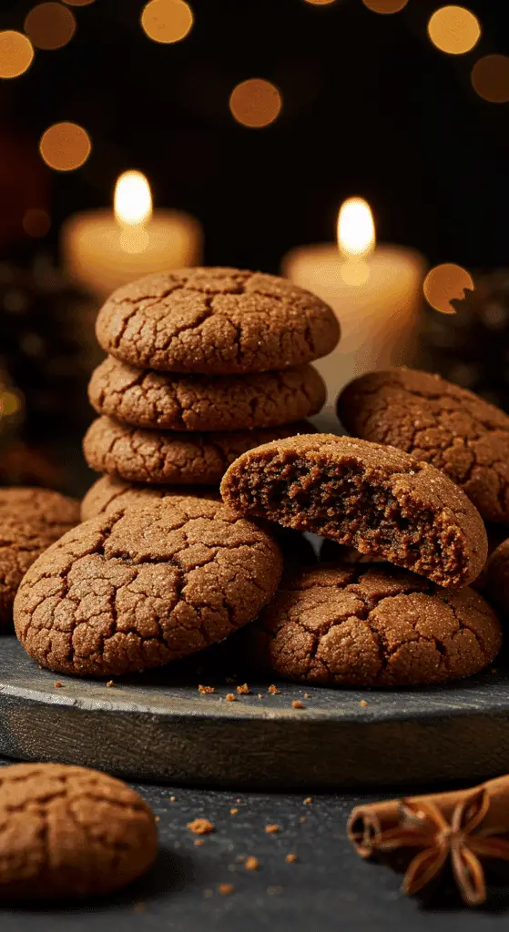 A beautiful, rustic platter of homemade, festive, and chewy "Grandma's" German Honey Cookies, with one broken in half to show the tender, chewy, dark interior.