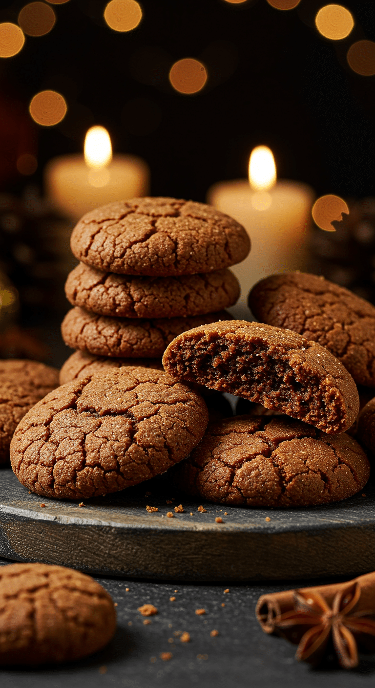A beautiful, rustic platter of homemade, festive, and chewy "Grandma's" German Honey Cookies, with one broken in half to show the tender, chewy, dark interior.