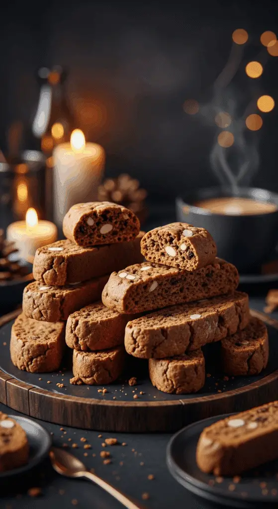 A beautiful, rustic platter of homemade, festive, and crispy Gingerbread Biscotti, with one broken in half to show the crisp, dry, and "double-baked" interior.