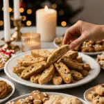 The impressive, homemade platter of beautiful and festive "Grandma's" Gingerbread Biscotti being served as the centerpiece on a cookie platter at a sophisticated Christmas party.
