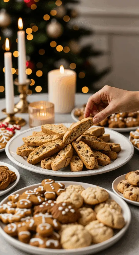 The impressive, homemade platter of beautiful and festive "Grandma's" Gingerbread Biscotti being served as the centerpiece on a cookie platter at a sophisticated Christmas party.