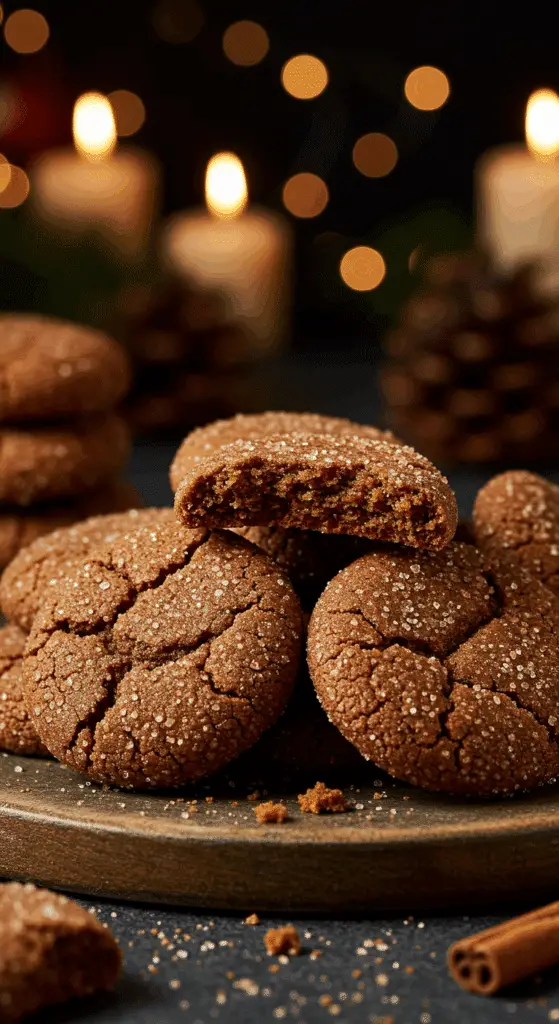 A beautiful, rustic platter of homemade, festive, and chewy "Grandma's" Gingersnap Cookies, with one broken in half to show the tender, chewy interior and the crackled, sugary top.