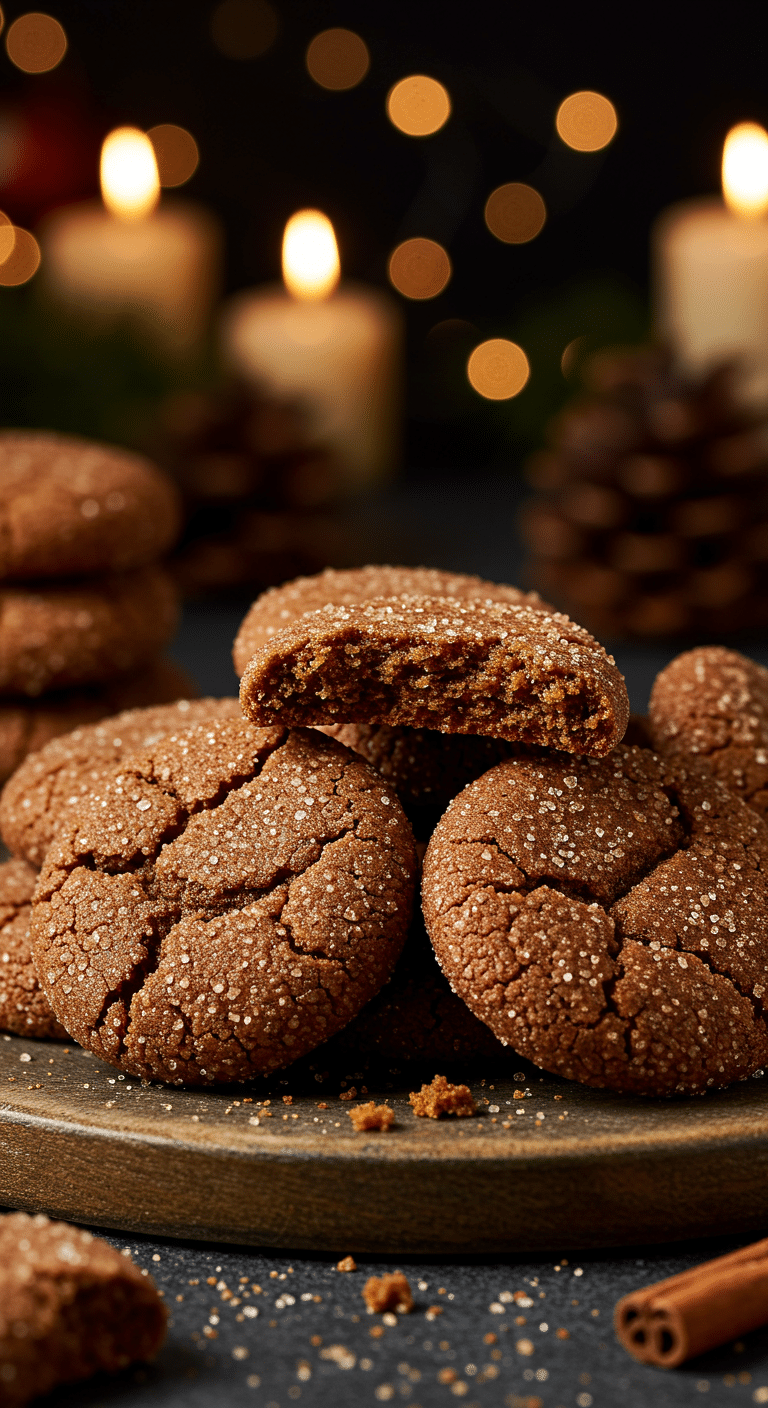 A beautiful, rustic platter of homemade, festive, and chewy "Grandma's" Gingersnap Cookies, with one broken in half to show the tender, chewy interior and the crackled, sugary top.