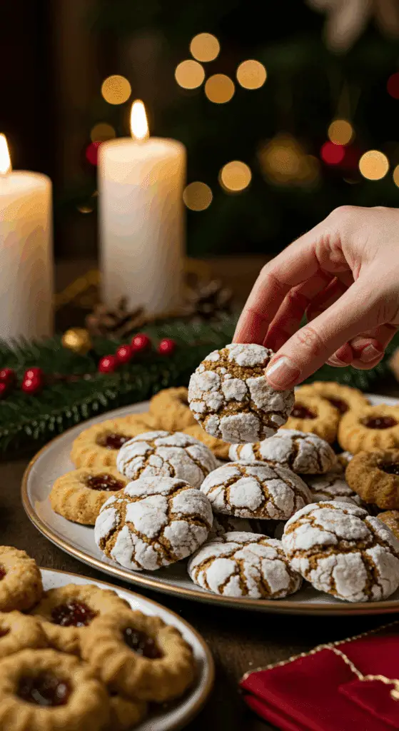 The impressive, homemade platter of beautiful and festive Gingersnap Cookies being served as the centerpiece on a cookie platter at a sophisticated Christmas party.