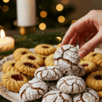 The impressive, homemade platter of beautiful and festive Gingersnap Cookies being served as the centerpiece on a cookie platter at a sophisticated Christmas party.
