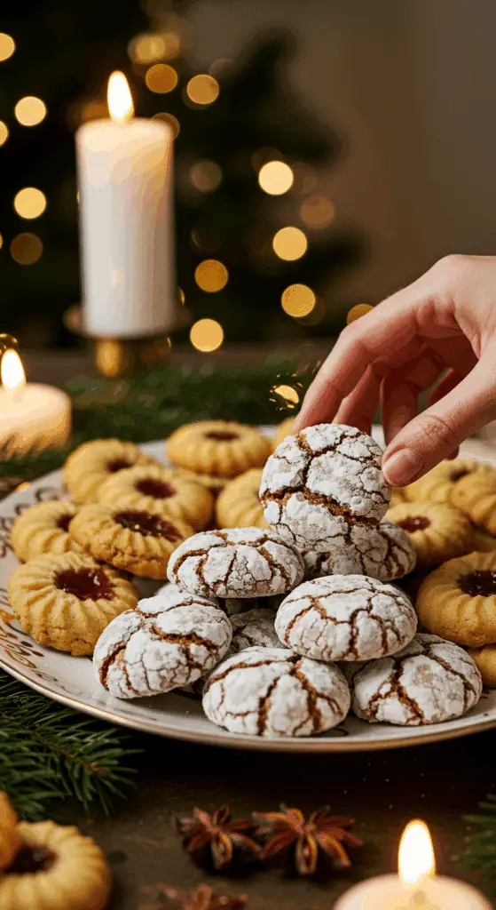 The impressive, homemade platter of beautiful and festive Gingersnap Cookies being served as the centerpiece on a cookie platter at a sophisticated Christmas party.
