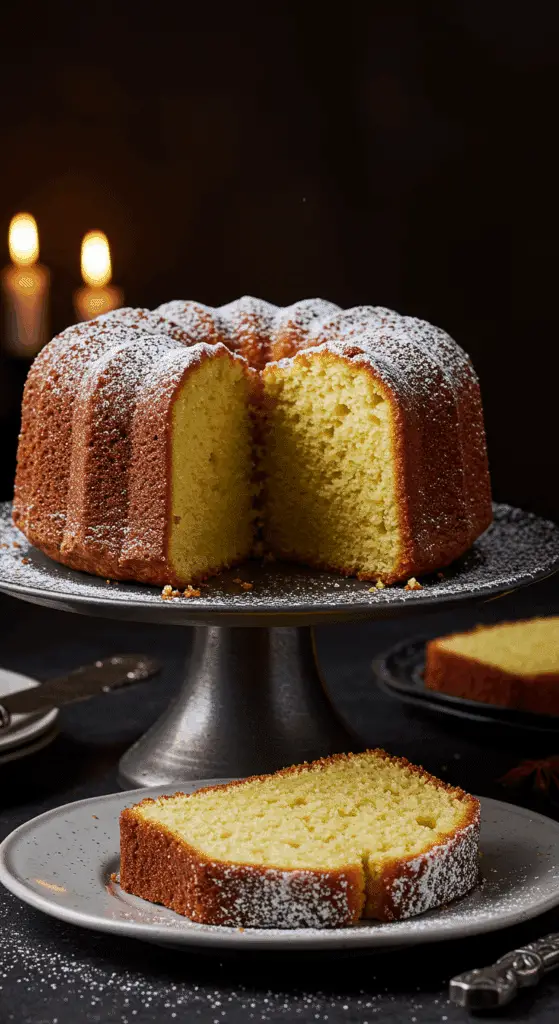 A beautiful, elegant cake stand with a homemade, old-fashioned Pound Cake, with a golden-brown cracked top, a dusting of powdered sugar, and a thick slice cut to show the velvety, yellow crumb.
