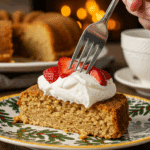 A beautiful plate with a homemade, festive, and moist slice of an Old-Fashioned Pound Cake, being served with whipped cream and fresh strawberries.