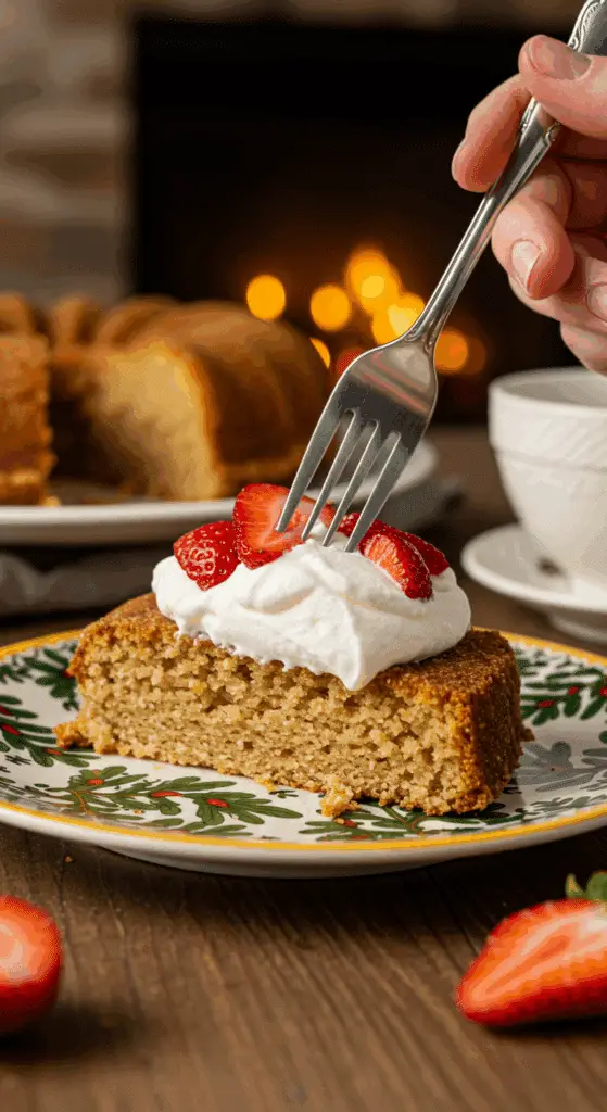 A beautiful plate with a homemade, festive, and moist slice of an Old-Fashioned Pound Cake, being served with whipped cream and fresh strawberries.