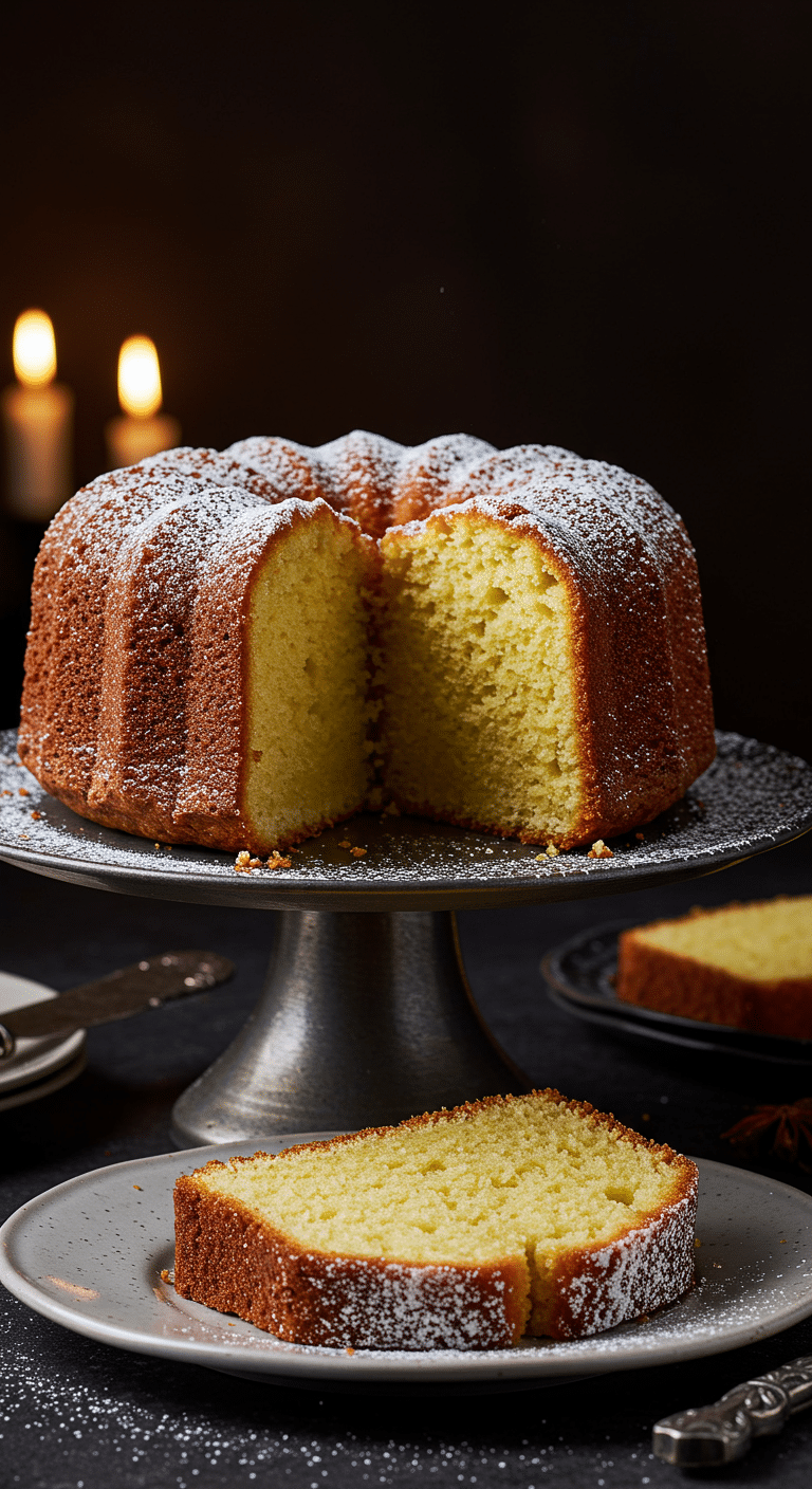 A beautiful, elegant cake stand with a homemade, old-fashioned Pound Cake, with a golden-brown cracked top, a dusting of powdered sugar, and a thick slice cut to show the velvety, yellow crumb.