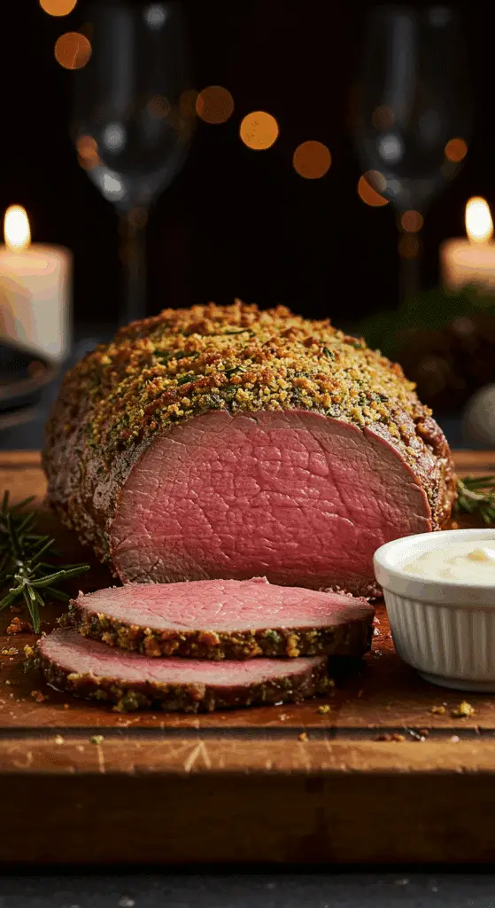 A beautiful, rustic cutting board with a homemade, juicy, and impressive Christmas Beef Tenderloin, with a crispy, golden-brown herb crust and a perfect, rosy-pink, medium-rare interior.